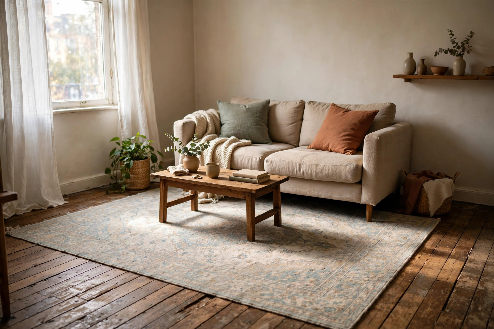 Large rug covering worn floor under a sofa in a small rental living room