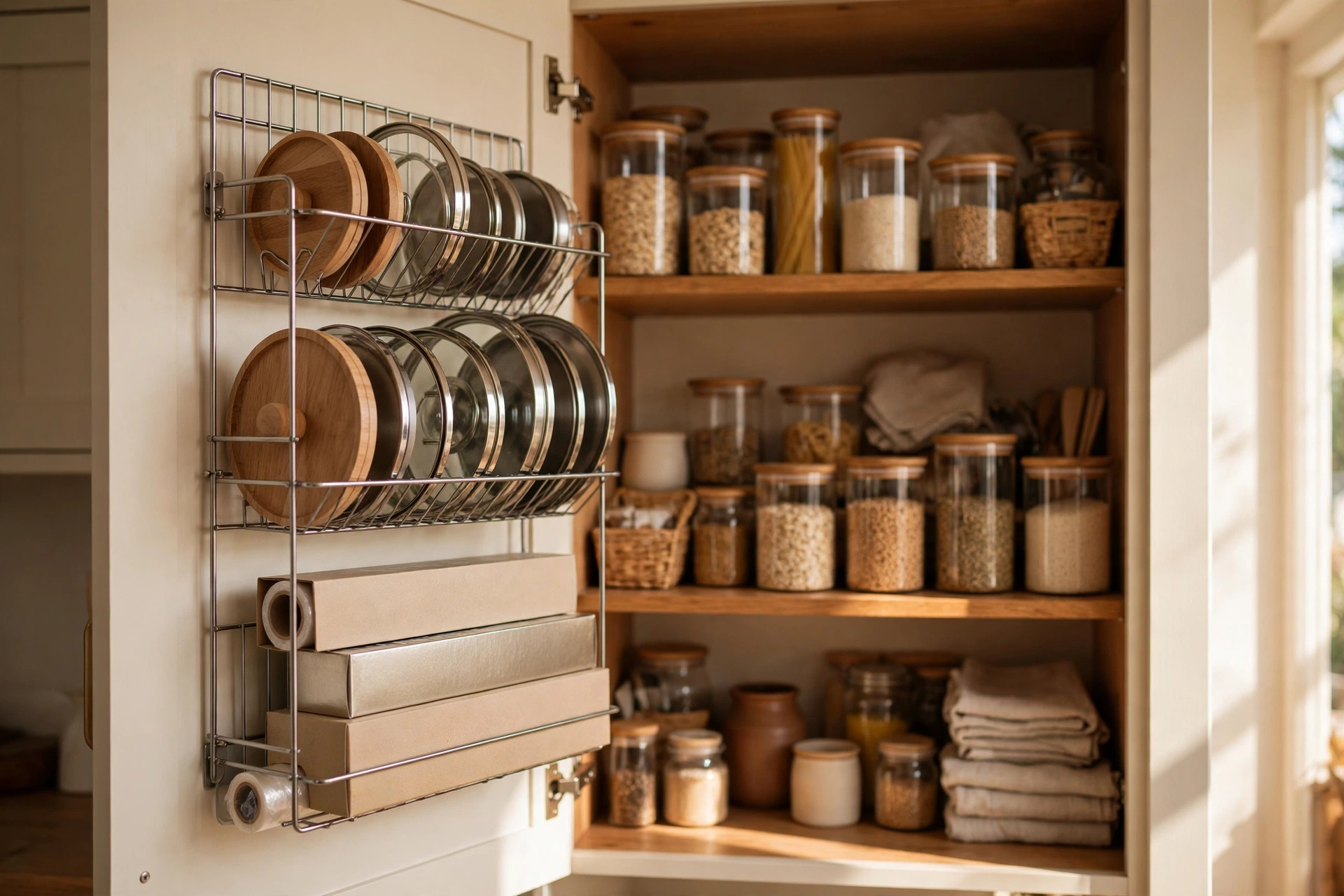 Inside cabinet door rack holding lids and wraps in a small kitchen