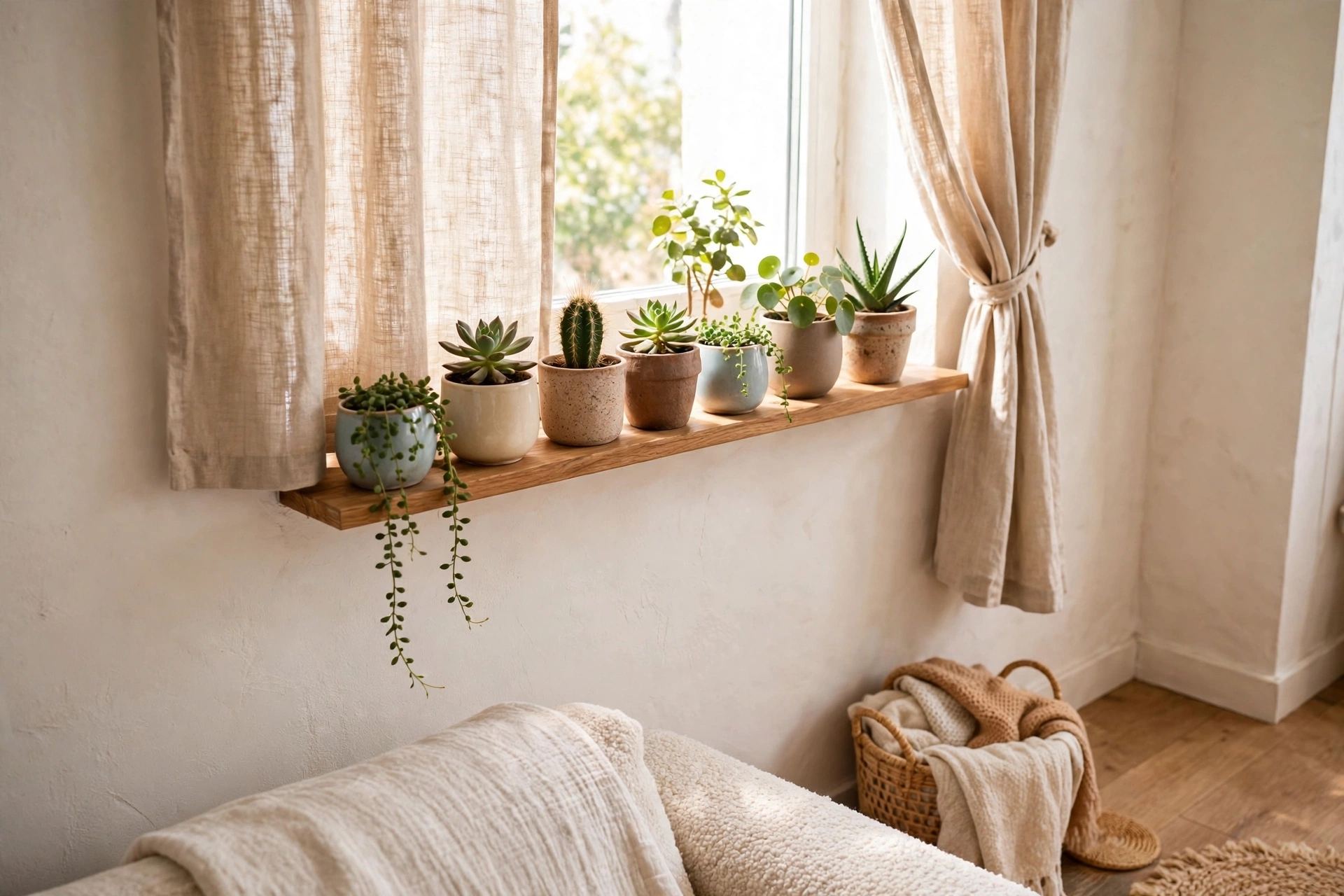 small potted plants on a narrow shelf in a small apartment