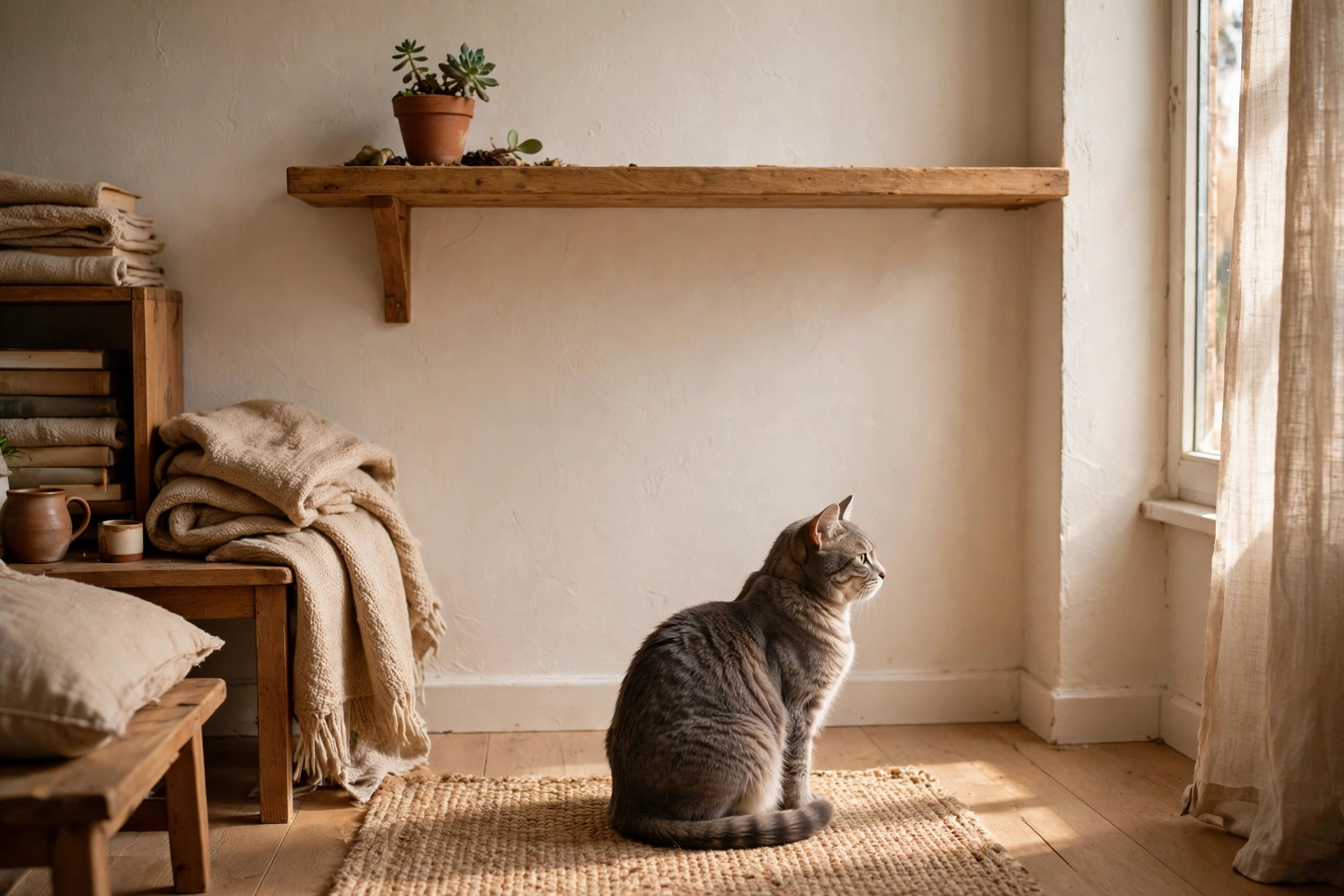 small plant on a high shelf above a cat in a small apartment
