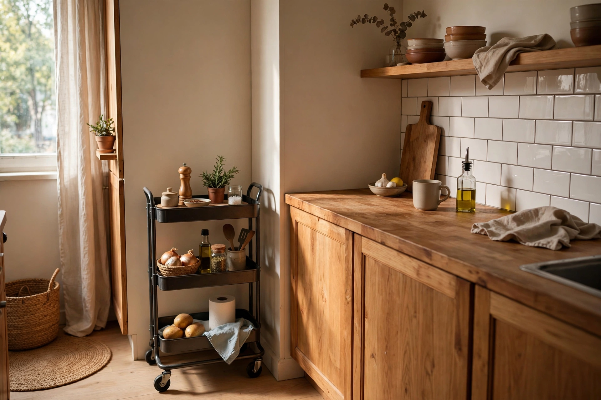Cabinet riser and bins inside rental kitchen cabinet for storage