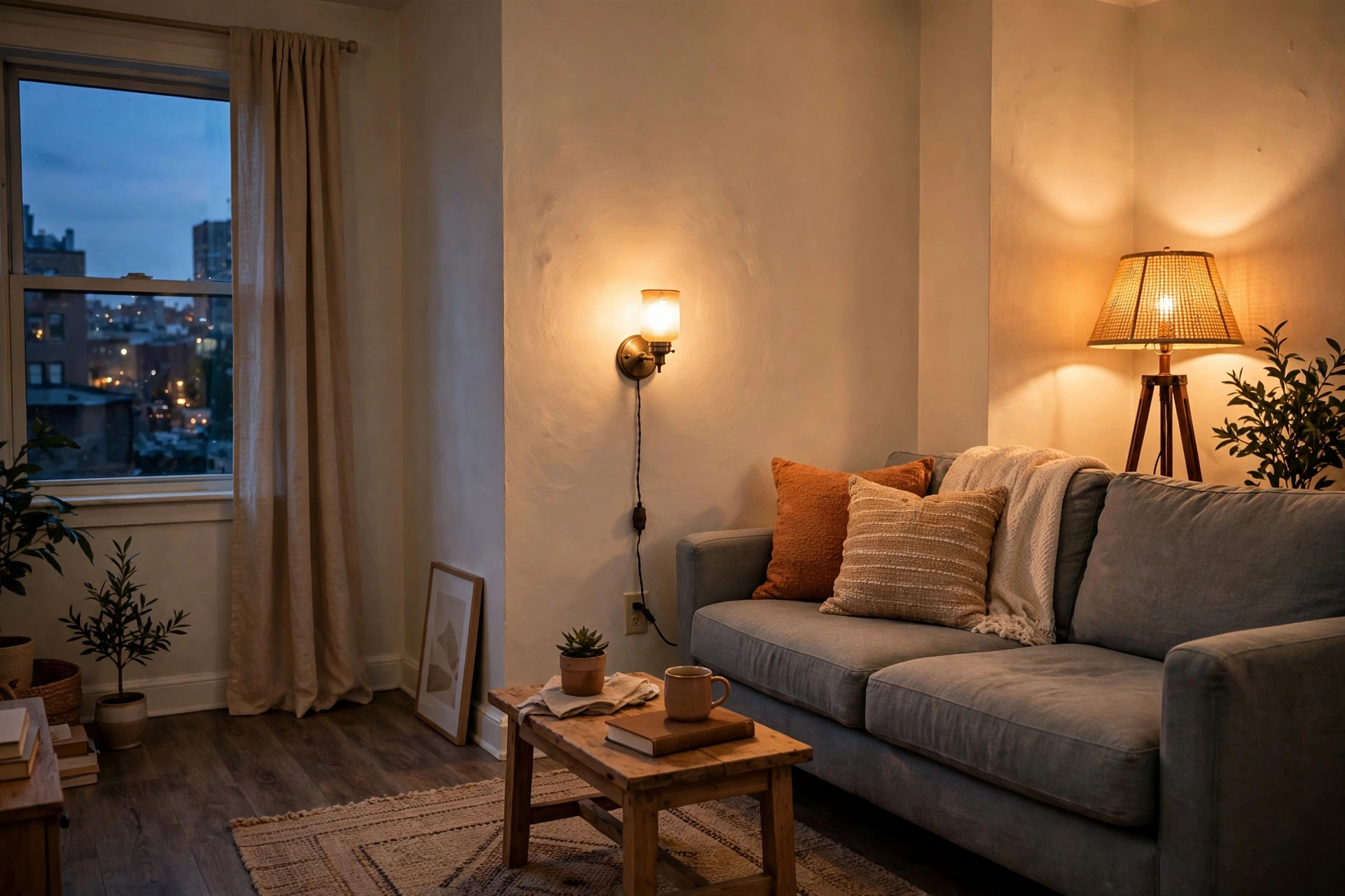 Warm plug in wall sconce and floor lamp lighting a small rental living room