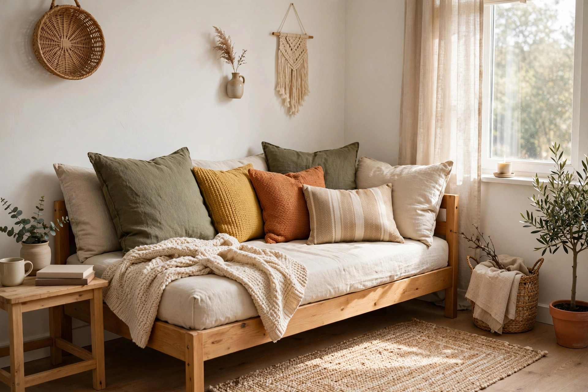 Daybed styled as a sofa seat with cushions in a small bright room