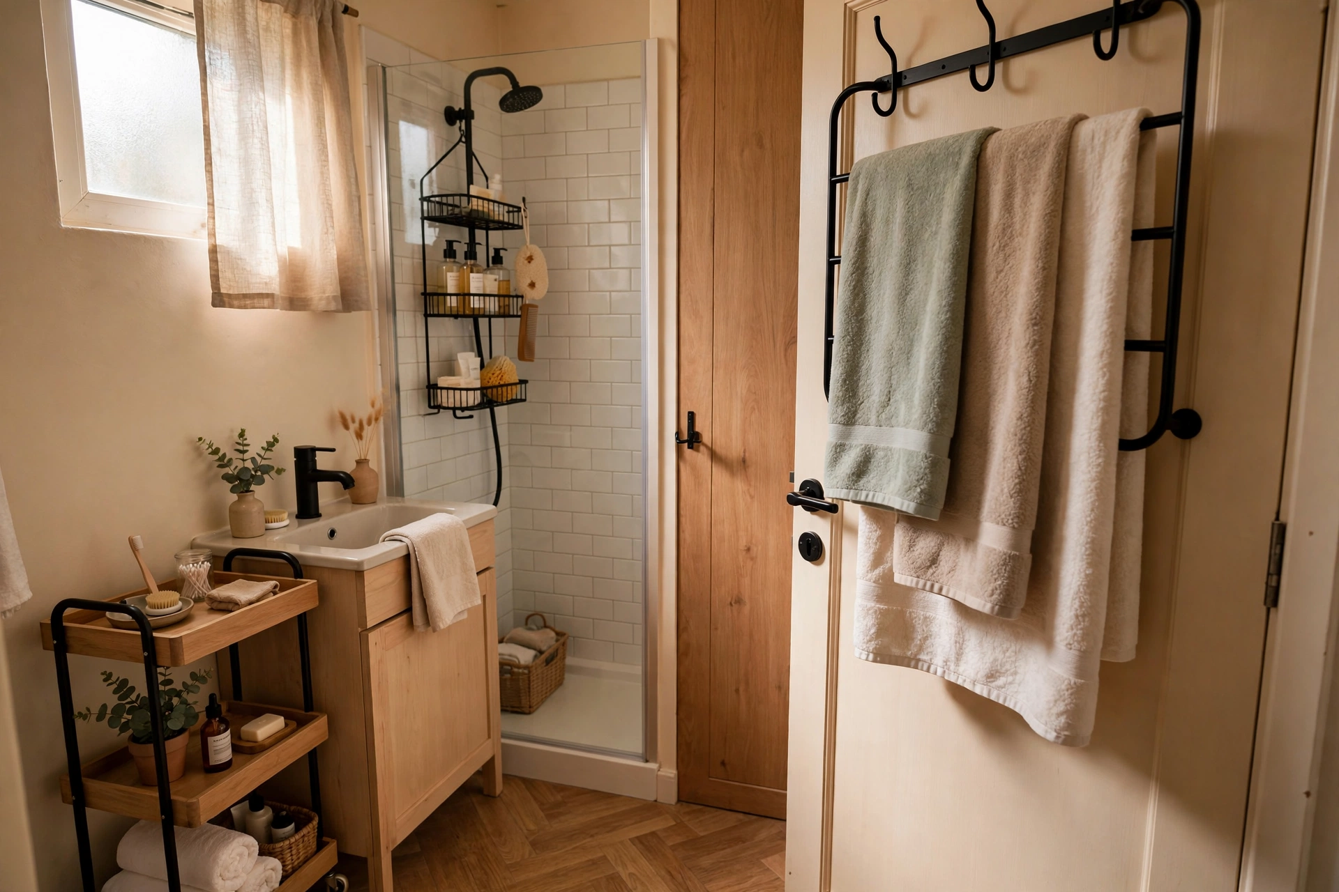 Tiny renter bathroom with slim cart, shower caddy, and over door towel rack